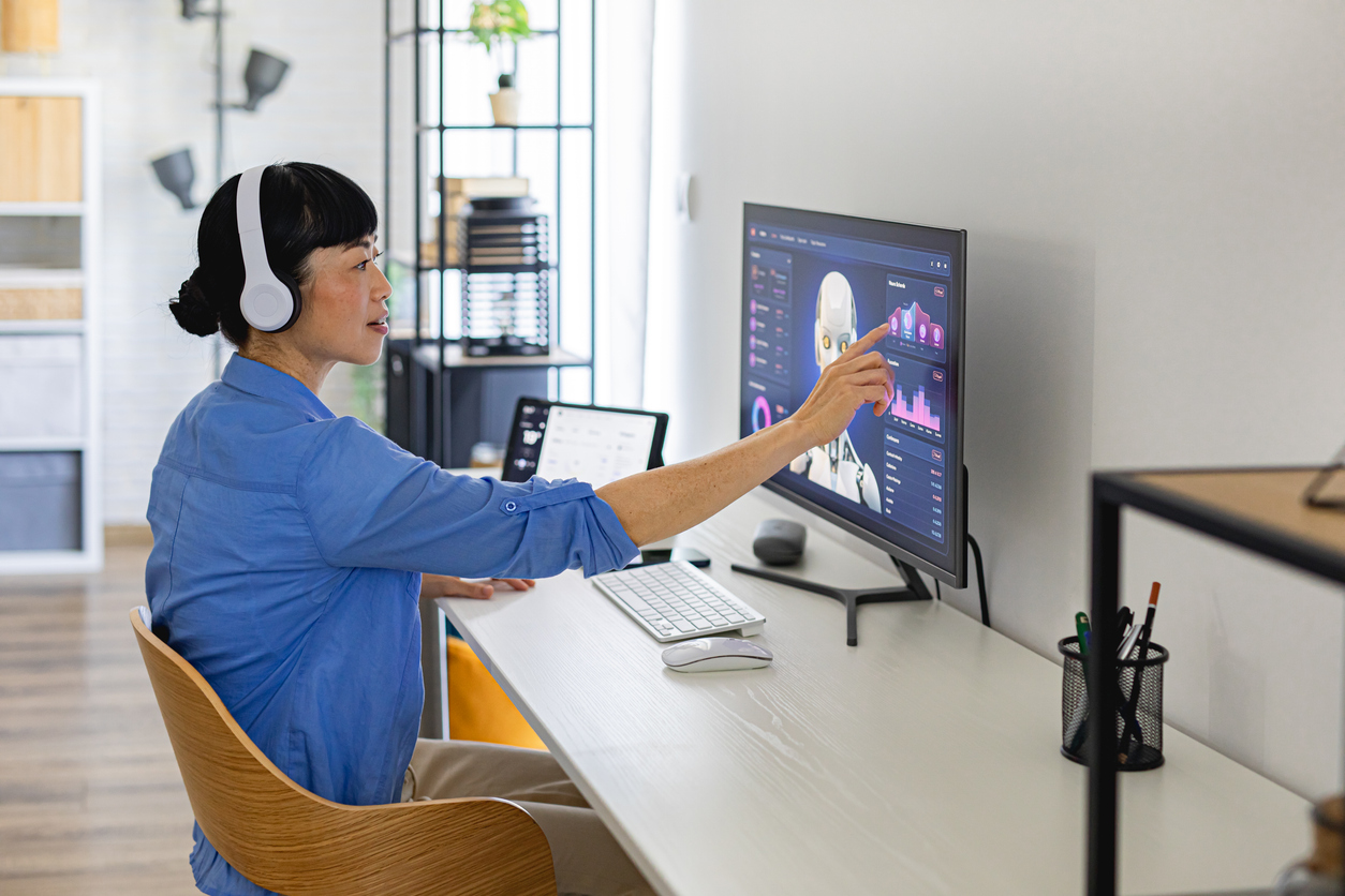 Woman collaborating with advanced AI technology