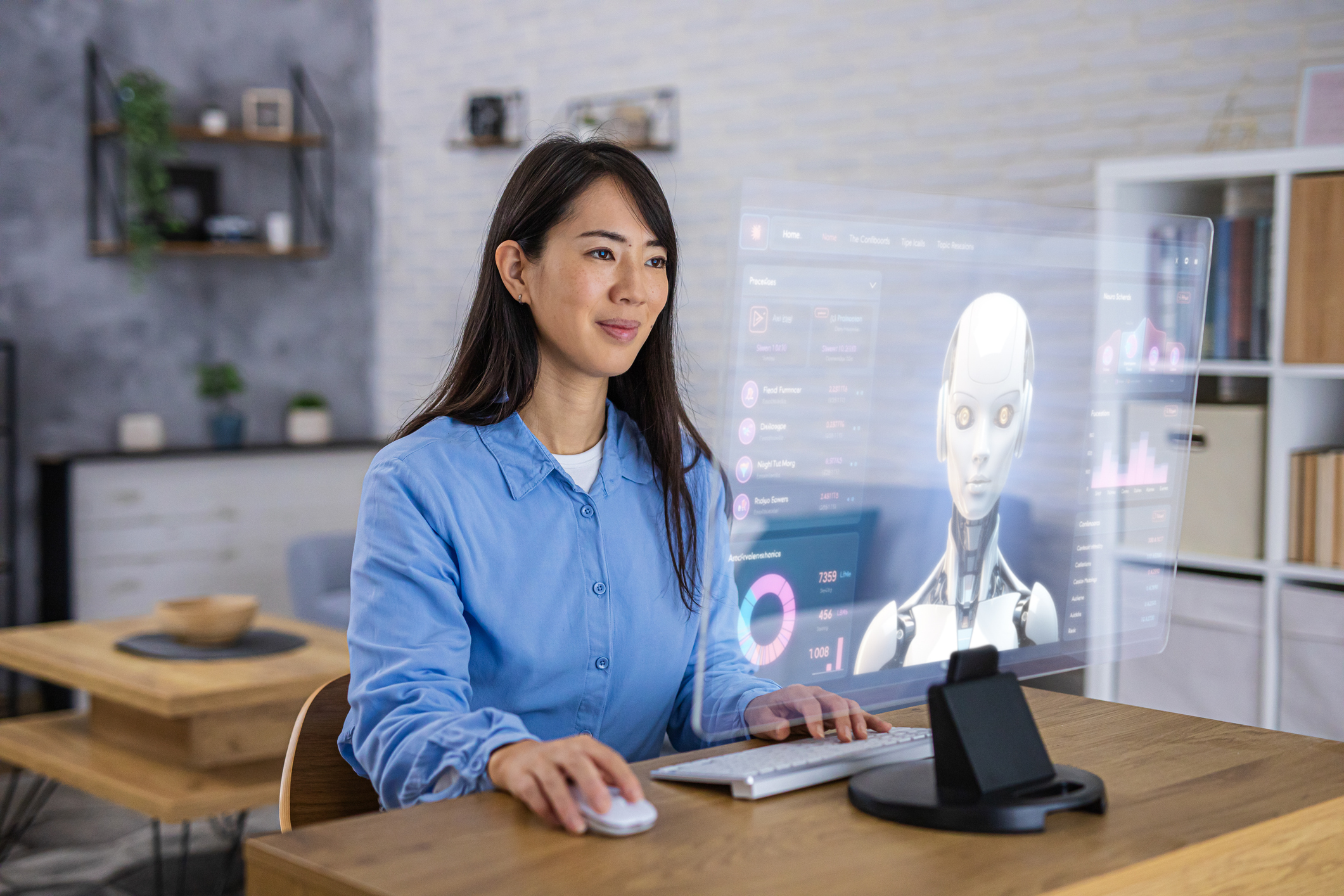 A woman works with artificial intelligence functions and smooth digital UI elements projected on a transparent screen.