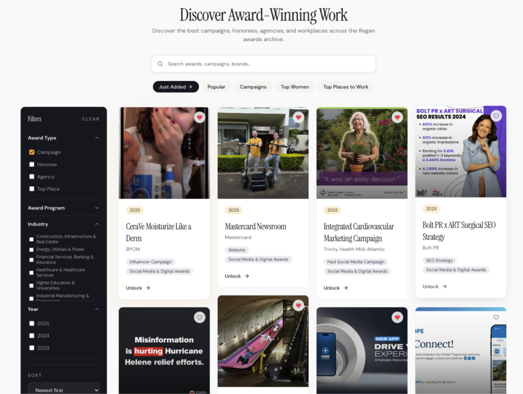 Ragan Awards Vault library interface with search, filters, and award-winning campaign cards